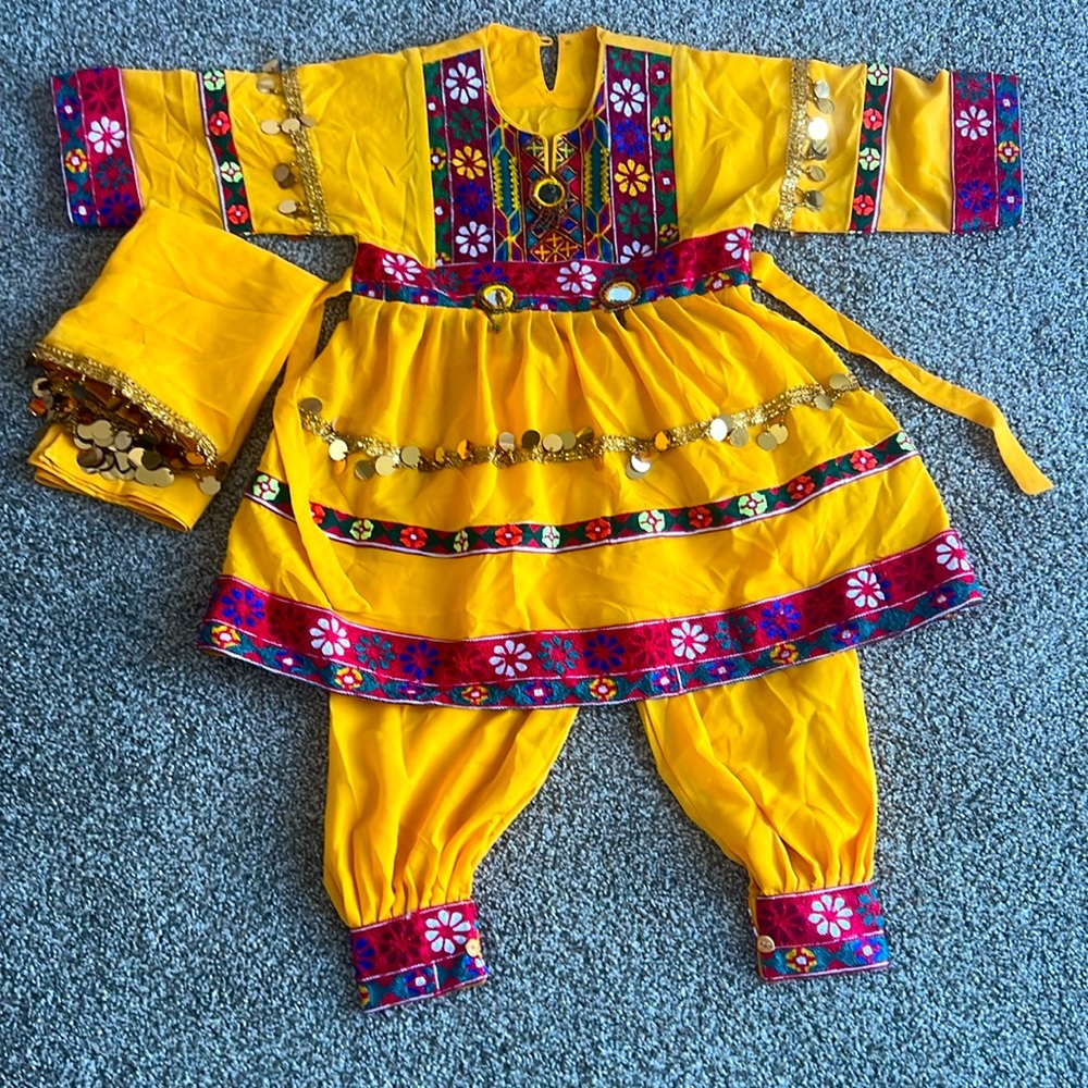 Yellow afghan dress with scarf and trousers. New with 🌼